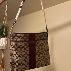 Coach Khaki Canvas Crossbody with Burgundy Leather Trim